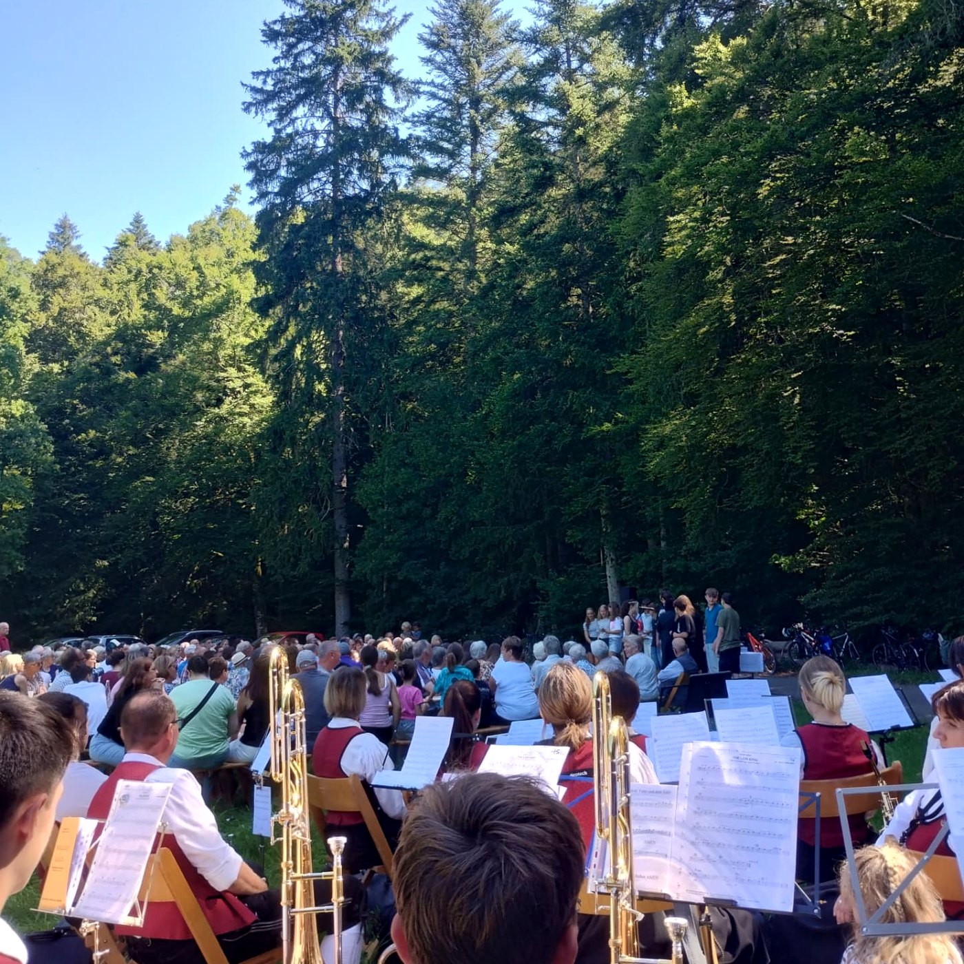 Waldkonzert mit Publikum zwischen hohen Tannen